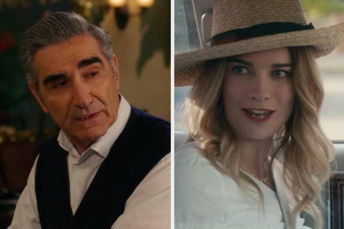 Johnny sitting at the bar in the cafe in &quot;Schitt&#x27;s Creek&quot;/Alexis wearing a hat inside a car in &quot;Schitt&#x27;s Creek&quot;