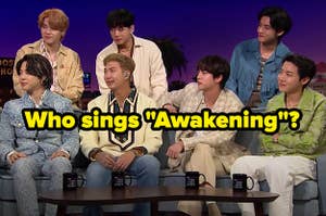 BTS being interviewed on The Late Late Show labeled who sings Awakening