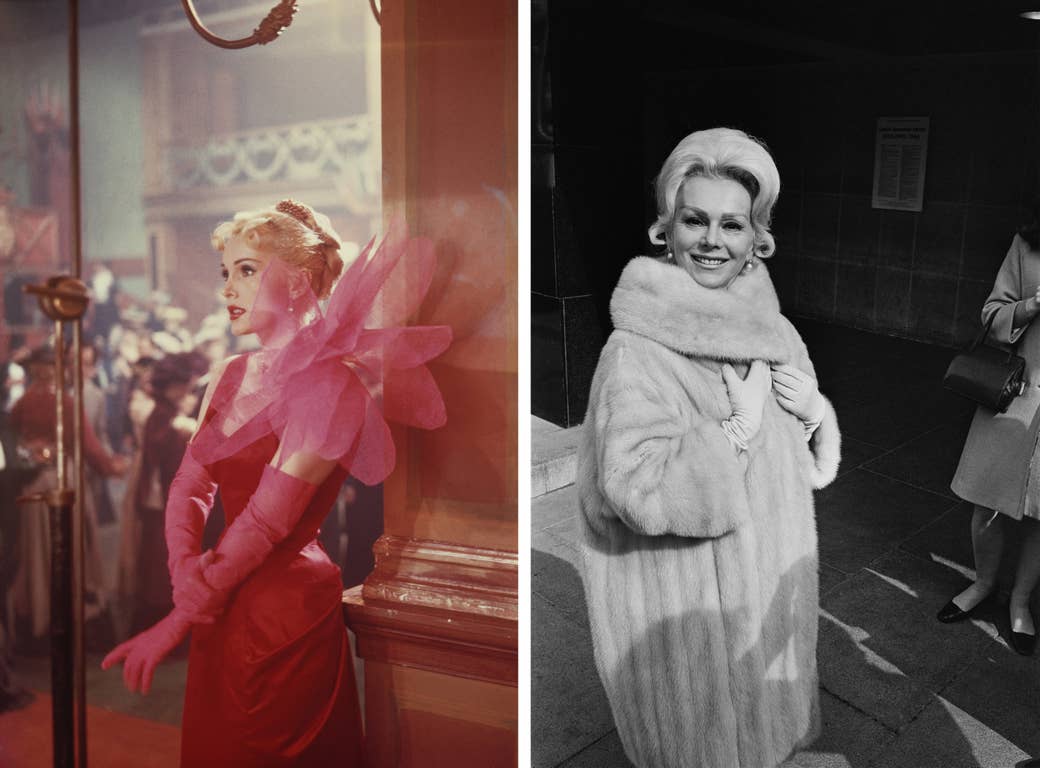 Zsa Zsa Gabor as she appears in the film Moulin Rouge in 1952; she is wearing a dress designed by Elsa Schiaparelli, along with long gloves. Right: Her sister Eva Gabor in a fur coat on April 19, 1967