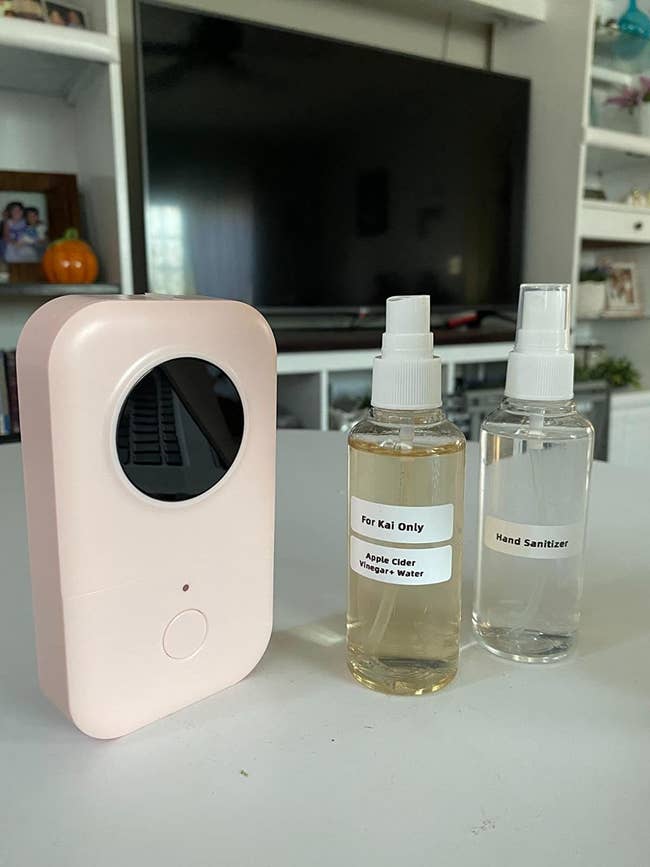 the light pink printer and two spray bottles with printed labels