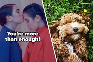 Dua Lipa kisses the forehead of a clone of herself and a puppy sits in a grassy field