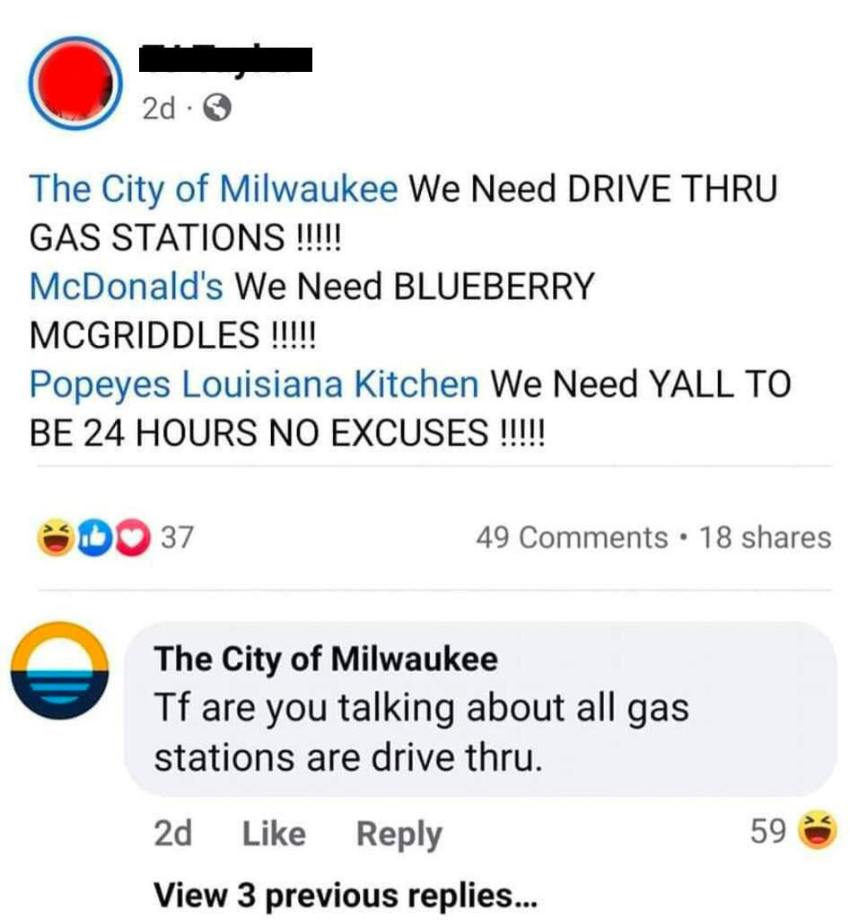 person saying we need drive thrru gas stations and someone says all gas stations are drive thru