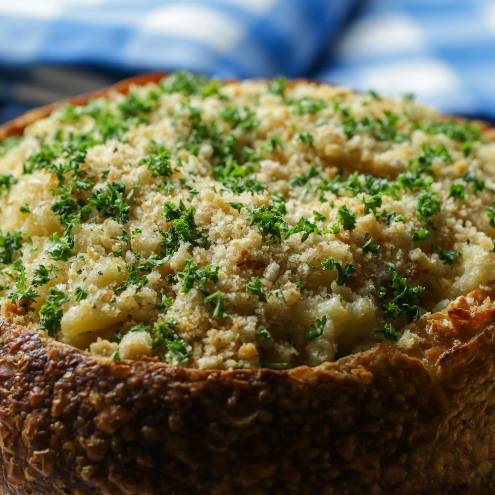 A close up of the bread bowl