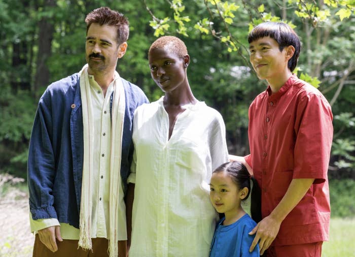 Jake (Colin Farrell); his wife, Kyra (Jodie Turner-Smith); their adopted daughter, Mika (Malea Emma Tjandrawidjaja); and her “techno-sapien” sibling Yang (Justin H. Min) stand together