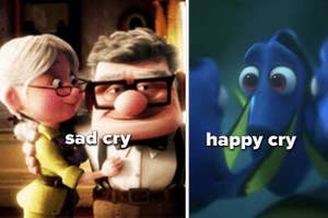 Carl and Ellie from the beginning of Up with text that says "sad cry" and Dory reuniting with her parents in Finding Dory with text that says "happy cry"