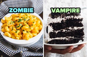 On the left, a bowl of mac and cheese with spiral noodles labeled zombie, and on the right, a piece of cookies and cream layer cake labeled vampire