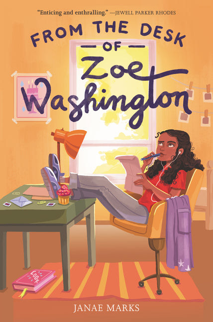 A young Black girl sits at a desk, holding a letter and listening to something through earphones. There is a cupcake on the desk and a cookbook underneath the desk. The title reads: "From the Desk of Zoe Washington"