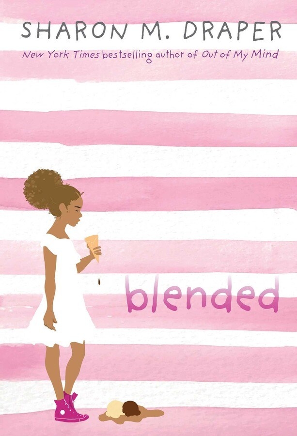 Pink and white striped cover. A young biracial girl stands wearing a white dress and holding an ice cream cone. The ice cream is melting by her feet. One is a scoop of vanilla and the other is chocolate. The title reads: &quot;Blended&quot;