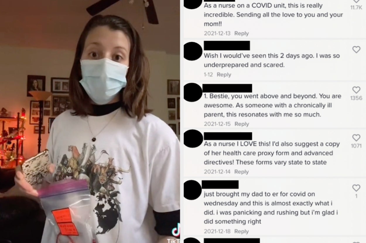 Left: TikTok user kate.escaped wears a facial covering and holds a plastic bag Right: A screengab of the comment section in TikTok user kate.escaped's video