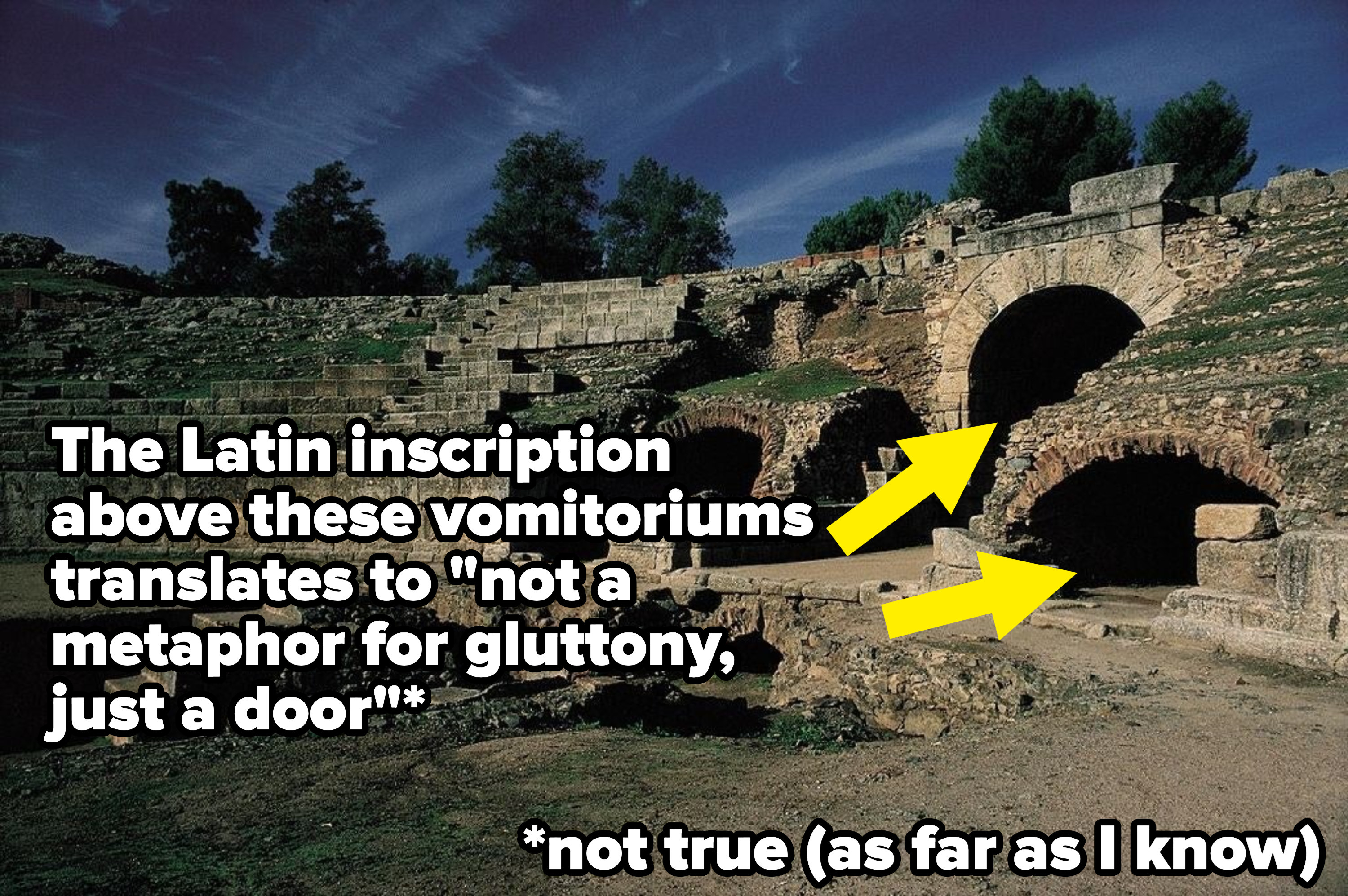 An ancient amphitheater with vomitoriums pointed out that say,