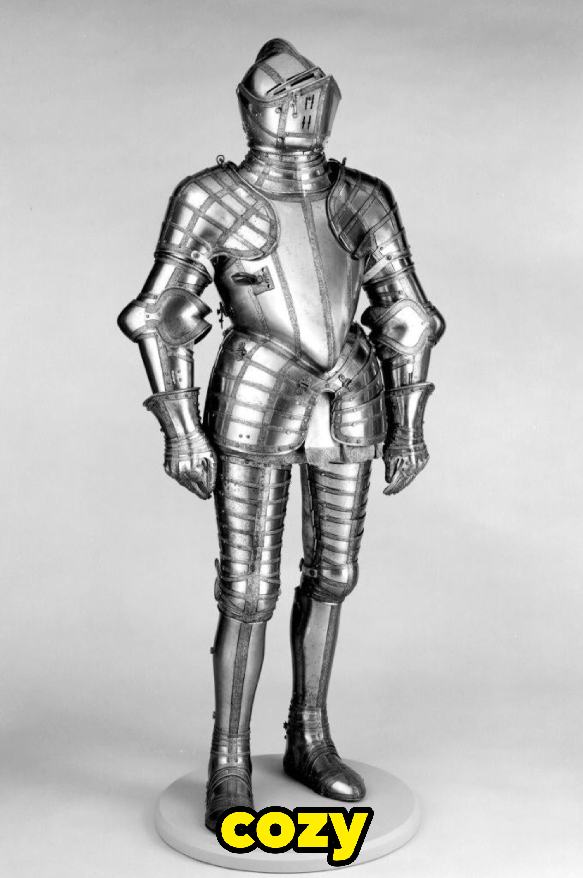 A suit of field armor, with caption: cozy