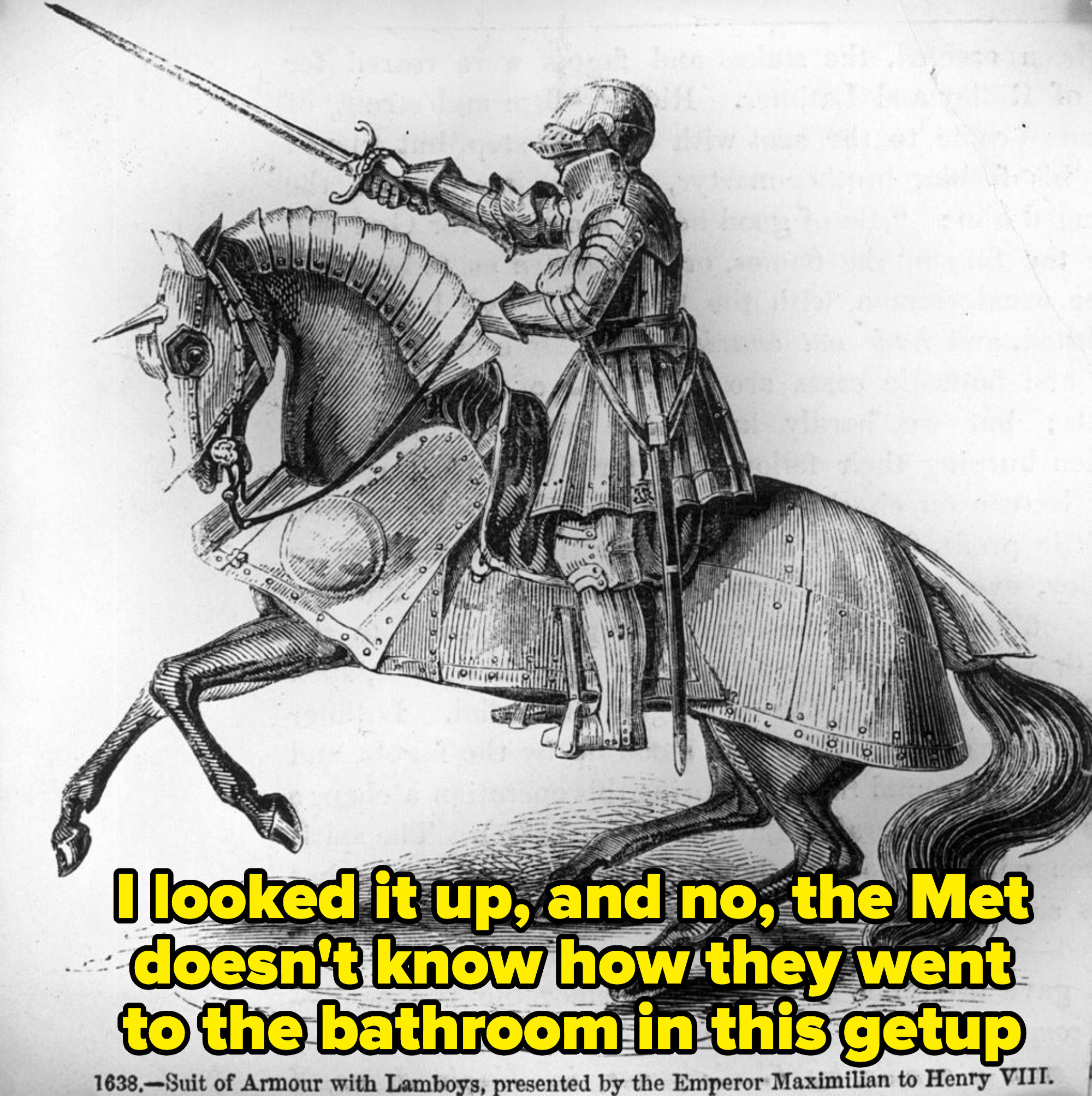 A knight on armor on horseback, with caption: I looked it up, and no, the Met doesn't know how they went to the bathroom in this get-up