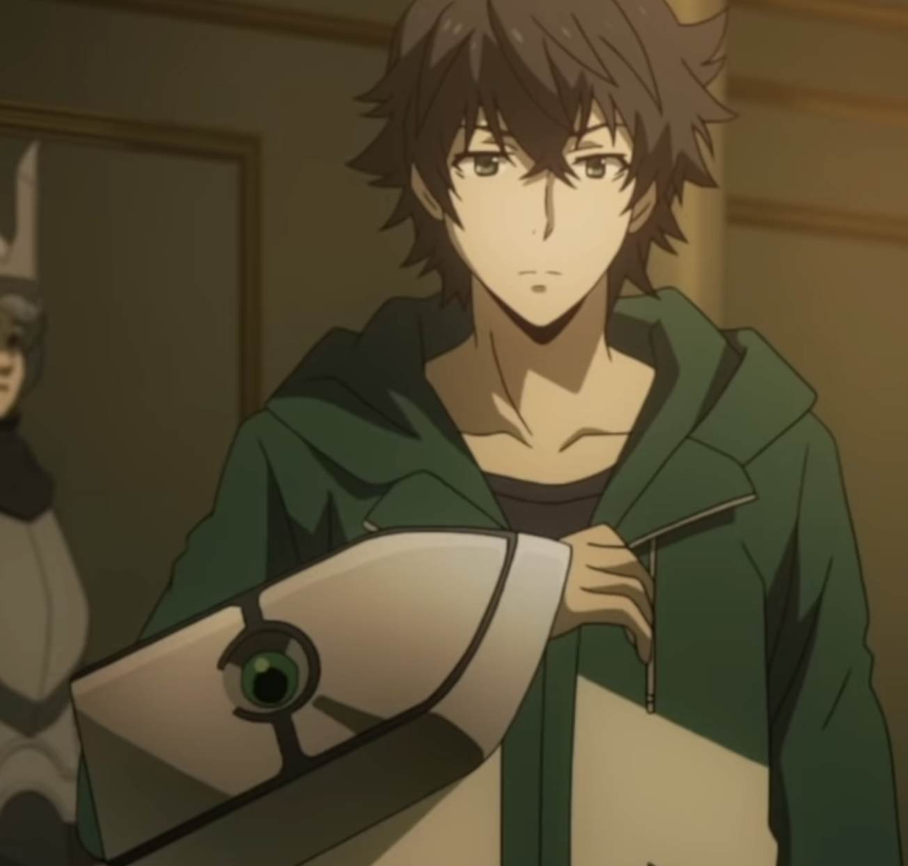 Naofumi looking at the shield attached to his arm
