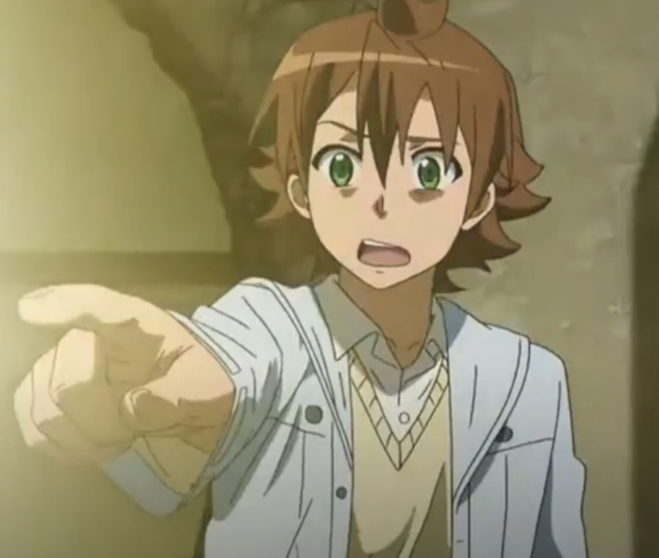 Tatsumi pointing at something with a confused look on his face