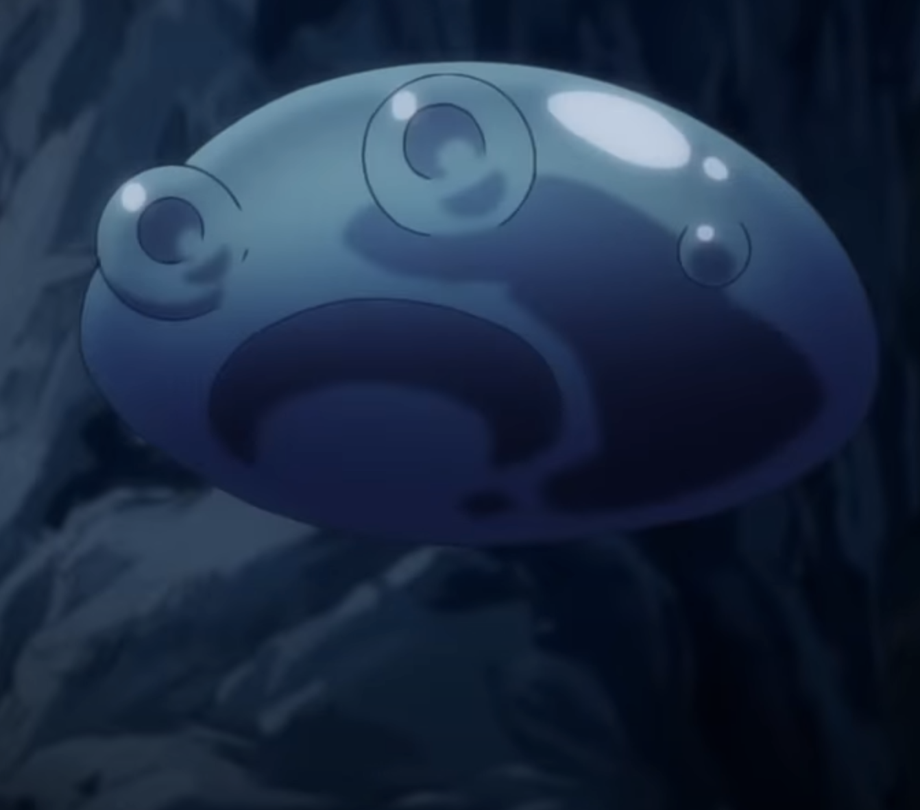 Rimuru the slime form with a shocked look on its face