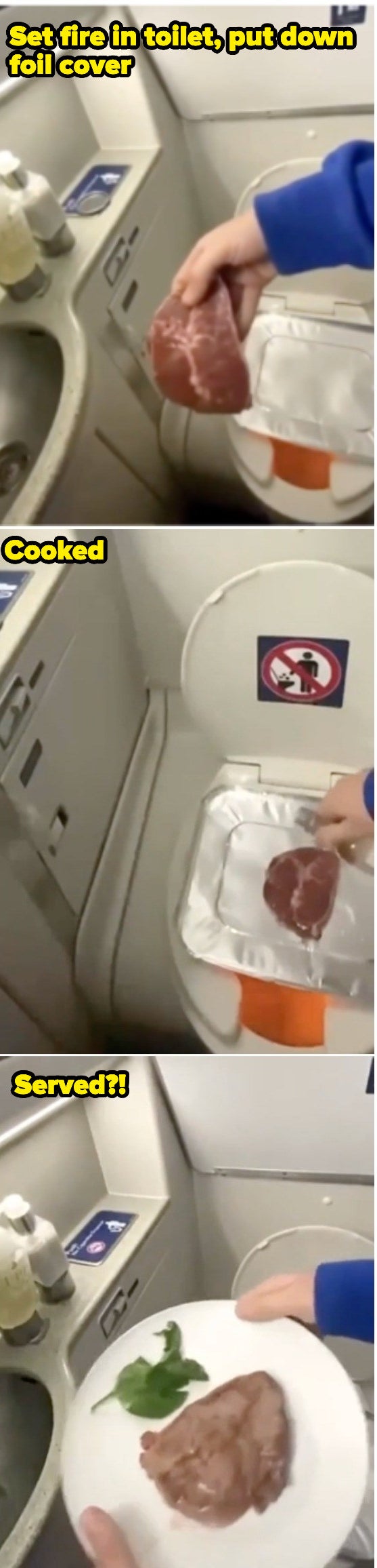 Person putting a piece of raw steak over a piece of tin on top of an airplane toilet with fire in it
