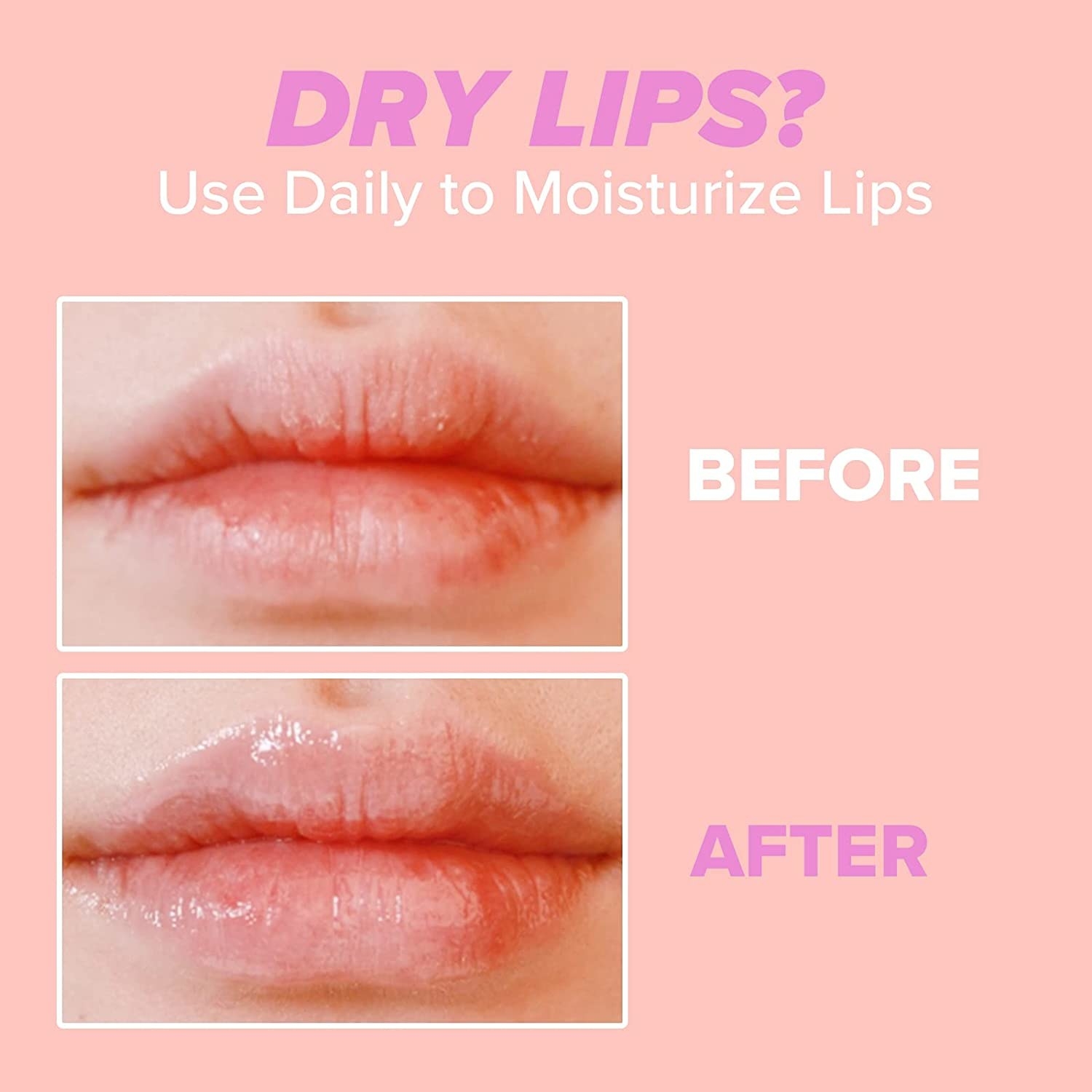 A before/after showing a model&#x27;s lips dry before use and hydrated and slightly shiny after