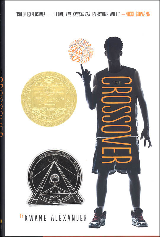 A Black boy stands in shadow, spinning a basketball made out of words. The title reads: &quot;The Crossover.&quot; Two awards are on the cover: The Newbery medal and a Coretta Scott King honor award