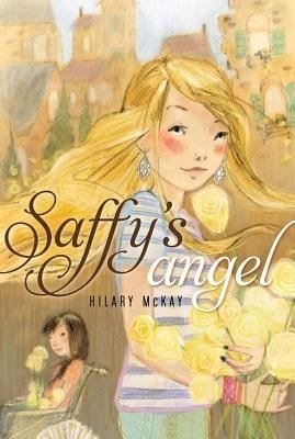 A blonde girl holding yellow flowers stands in the forefront. A girl with dark hair is in a wheelchair behind her. There are old buildings behind them. The title reads: &quot;Saffy&#x27;s Angel&quot;