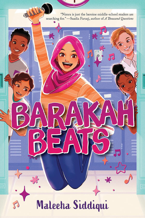 A young girl wearing a hijab and holding a microphone jumps in a school hallway. Four kids peak out from the sides of the cover behind her. The title reads: &quot;Barakah Beats.&quot; Stars and music notes are around the girl and the title