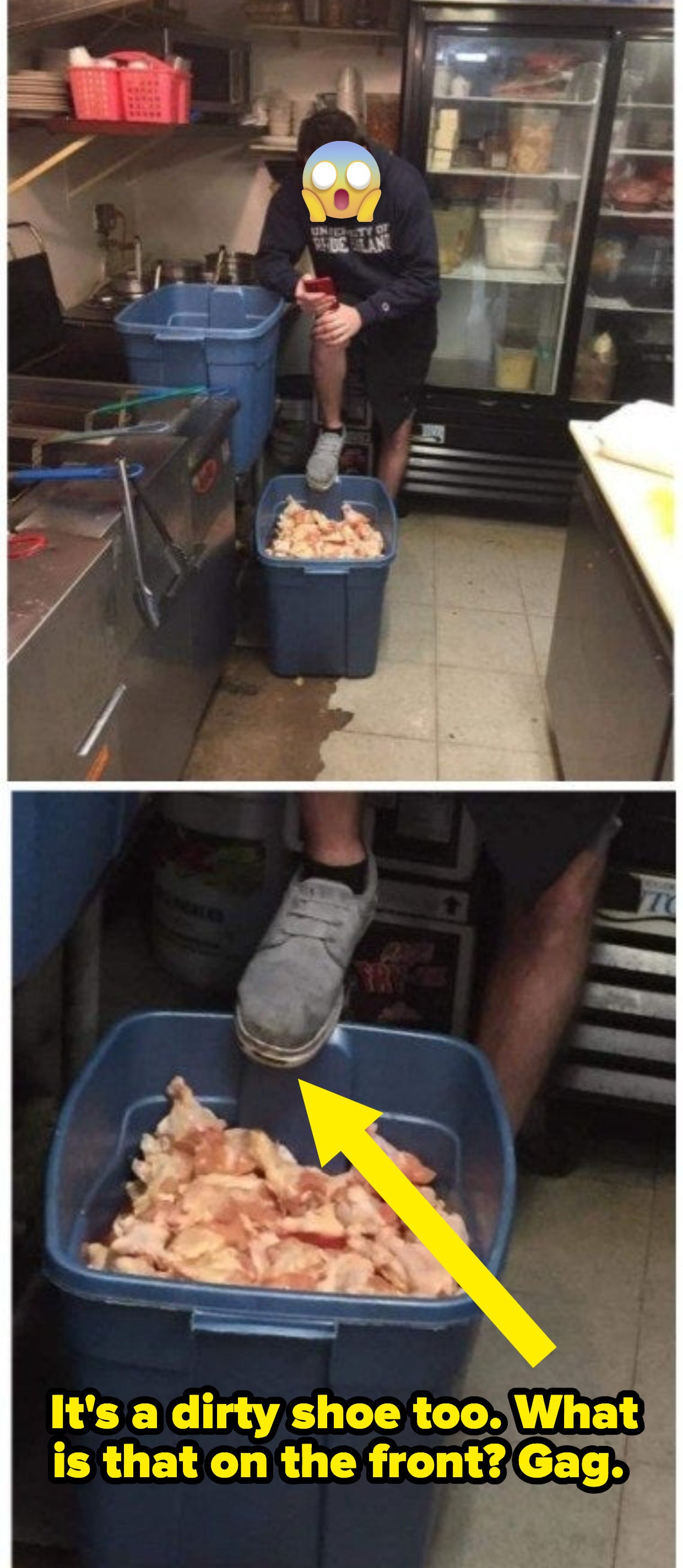 Someone putting their foot on a storage bin filled with chicken