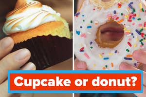 A cupcake is on the left with a donut on the right labeled, "Cupcake or donut?"
