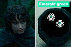 Frodo is on the left looking at earrings labeled, "emerald green"
