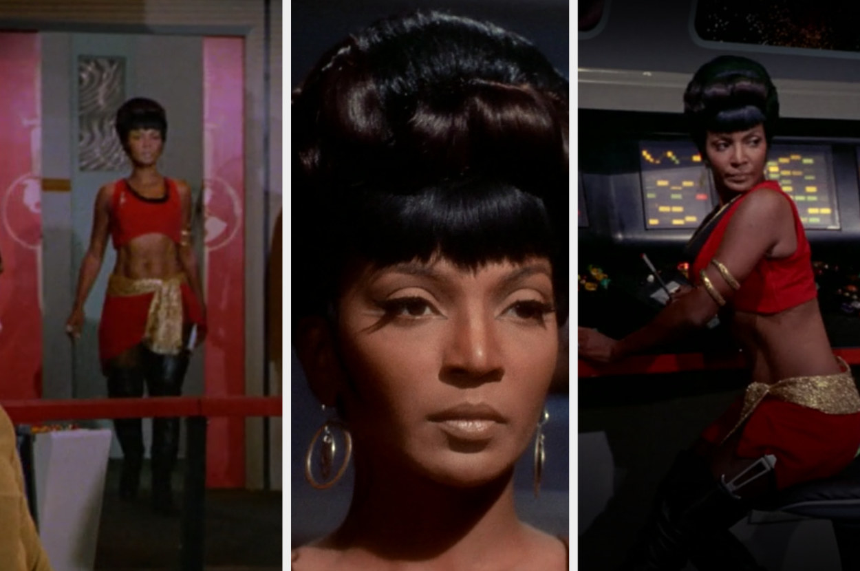 中尉Nyota乌胡拉穿两件套红色和金色服装“明星Trek"