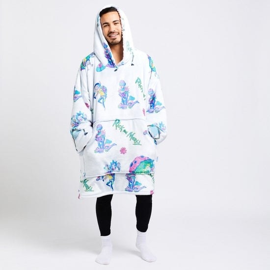model wearing blue and white rick and morty wearable blanket
