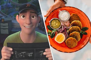 A close up of Tadashi Hamada as he smiles and two hands hold a plate of falafel balls