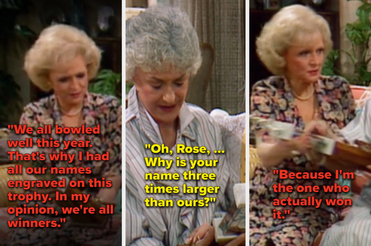 Rose does her best to include Blanche and Dorothy in her bowling win by putting their names in small print on her trophy