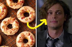 Bacon frosted donuts sit on a cooling tray and a close up of Spencer Reid as he smiles