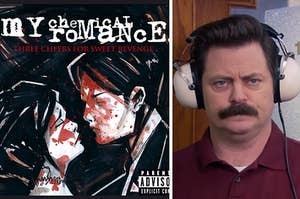 A man and woman stand close together with blood on their faces and Ron Swanson stands with headphones on