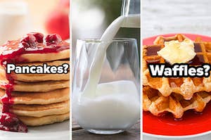 A stack of pancakes with fruit sauce on top, milk being poured into a glass, and waffles with butter and syrup