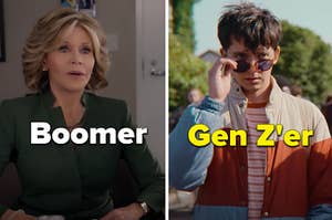 Gracie from "Gracie and Frankie" is on the left labeled, "Boomer" with Otis of "Sex Education" labeled, "Gen Z'er"