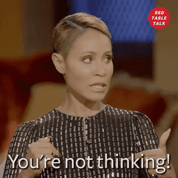 Jada Smith shakes her fingers beside her head and says, &quot;You&#x27;re not thinking!&quot; in &quot;Red Table Talk&quot;