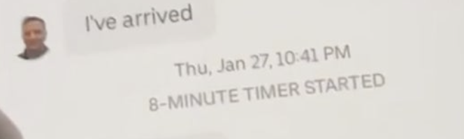 &quot;8-minute timer started&quot; text appears under &quot;I&#x27;ve arrived&quot;