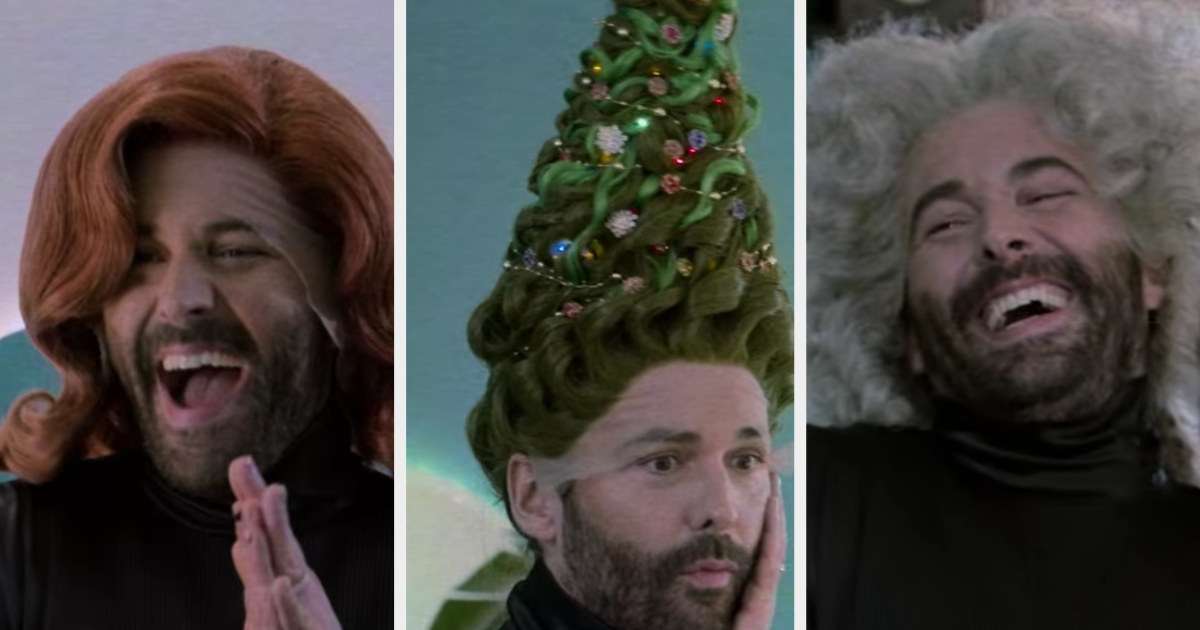 Jonathan tries on a redheaded wig, a Christmas tree wig, and a long gray-haired wig