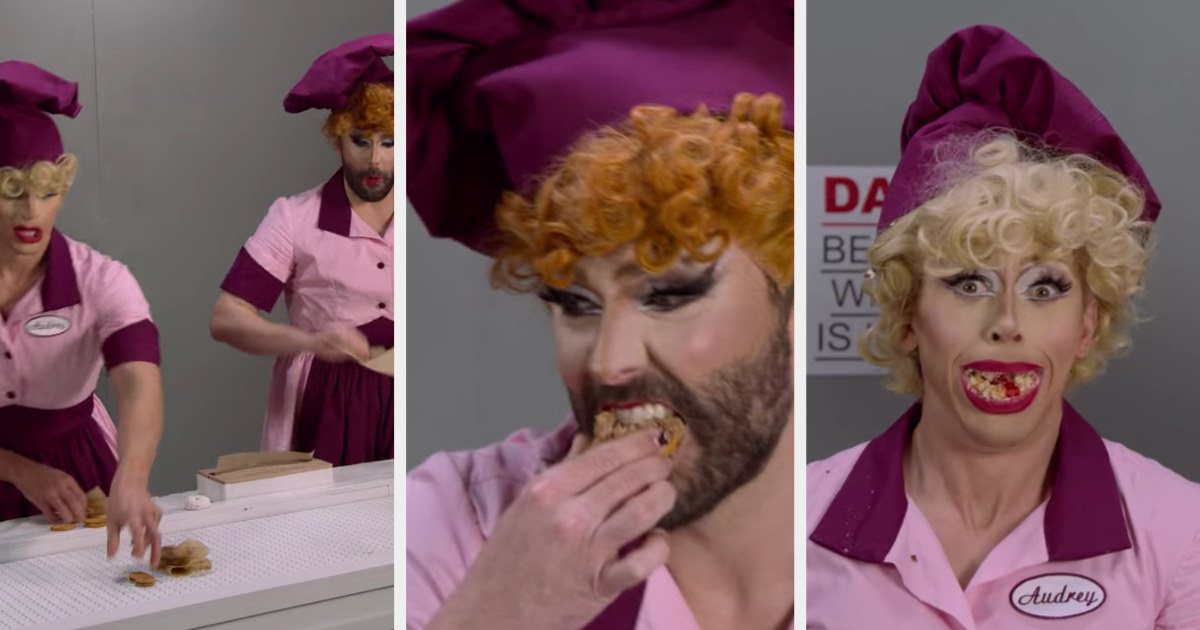 Antoni Porowski and Jonathan Van Ness recreate the famous factory scene from &quot;I Love Lucy&quot; while dressed in drag