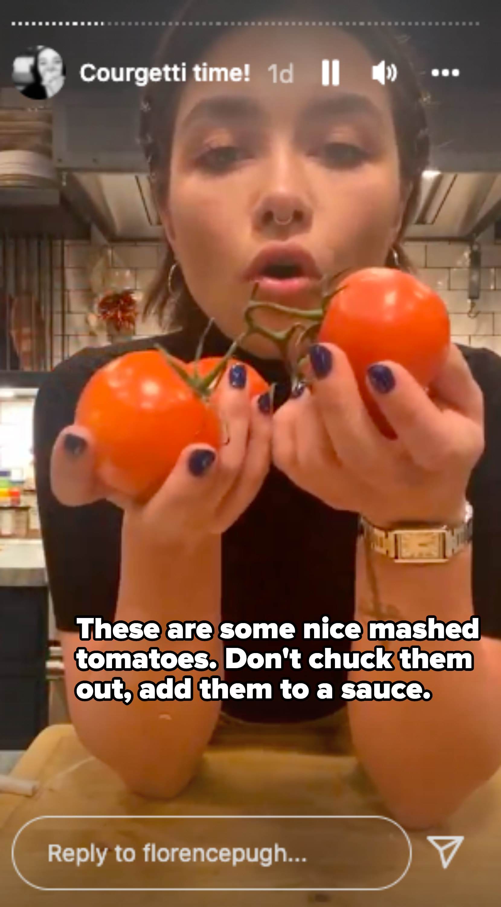 Florence talking about tomatoes and not wasting food