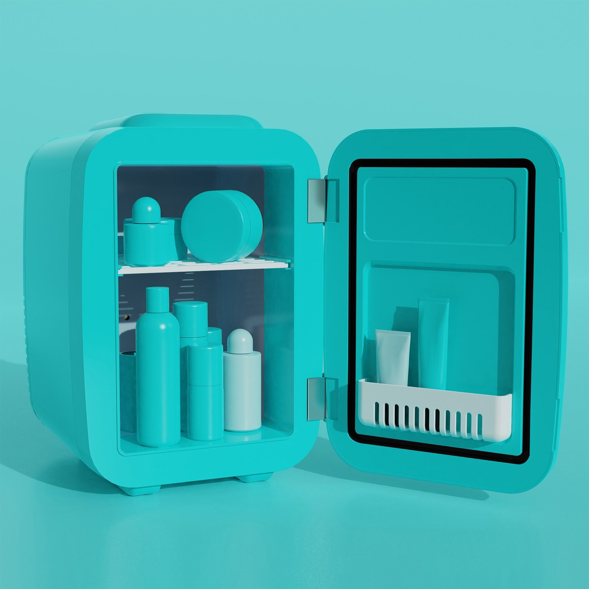 Teal mini fridge filled with team makeup product containers