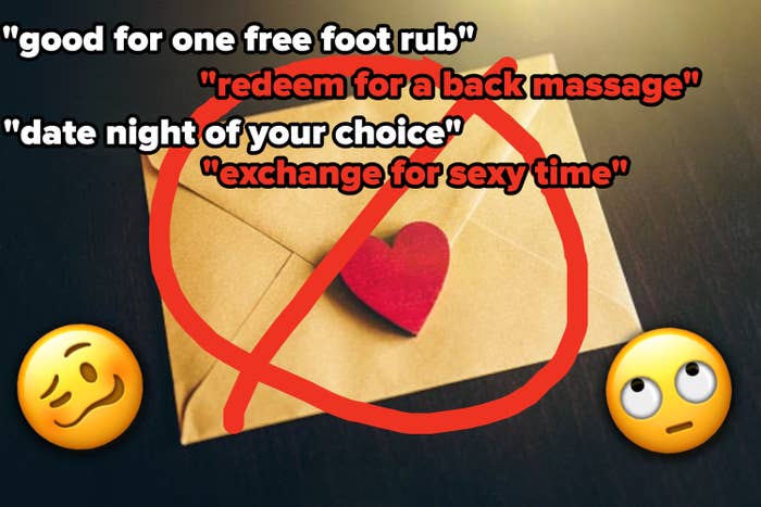 an envelope with phrases, "good for one free foot rub," "redeem for a back massage," "date night of your choice," and "exchange for sexy time" written over it