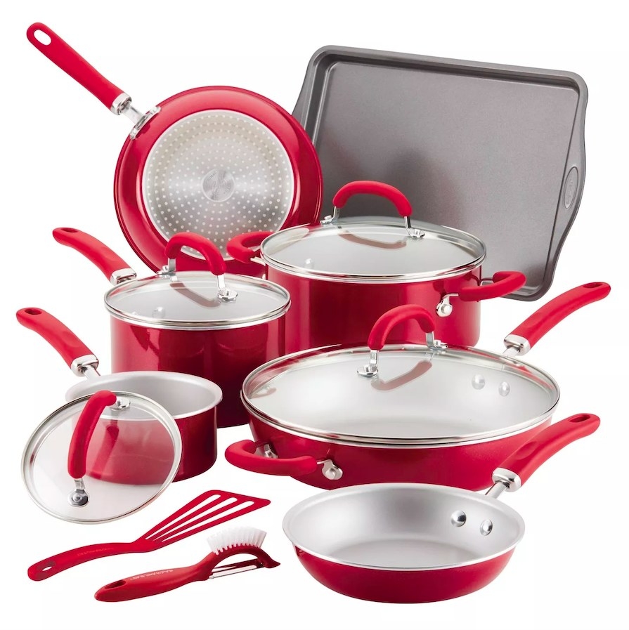 Set of red pots and pans