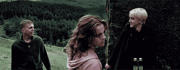 Hermione punches Malfoy in the face, who collapses against a large rock.