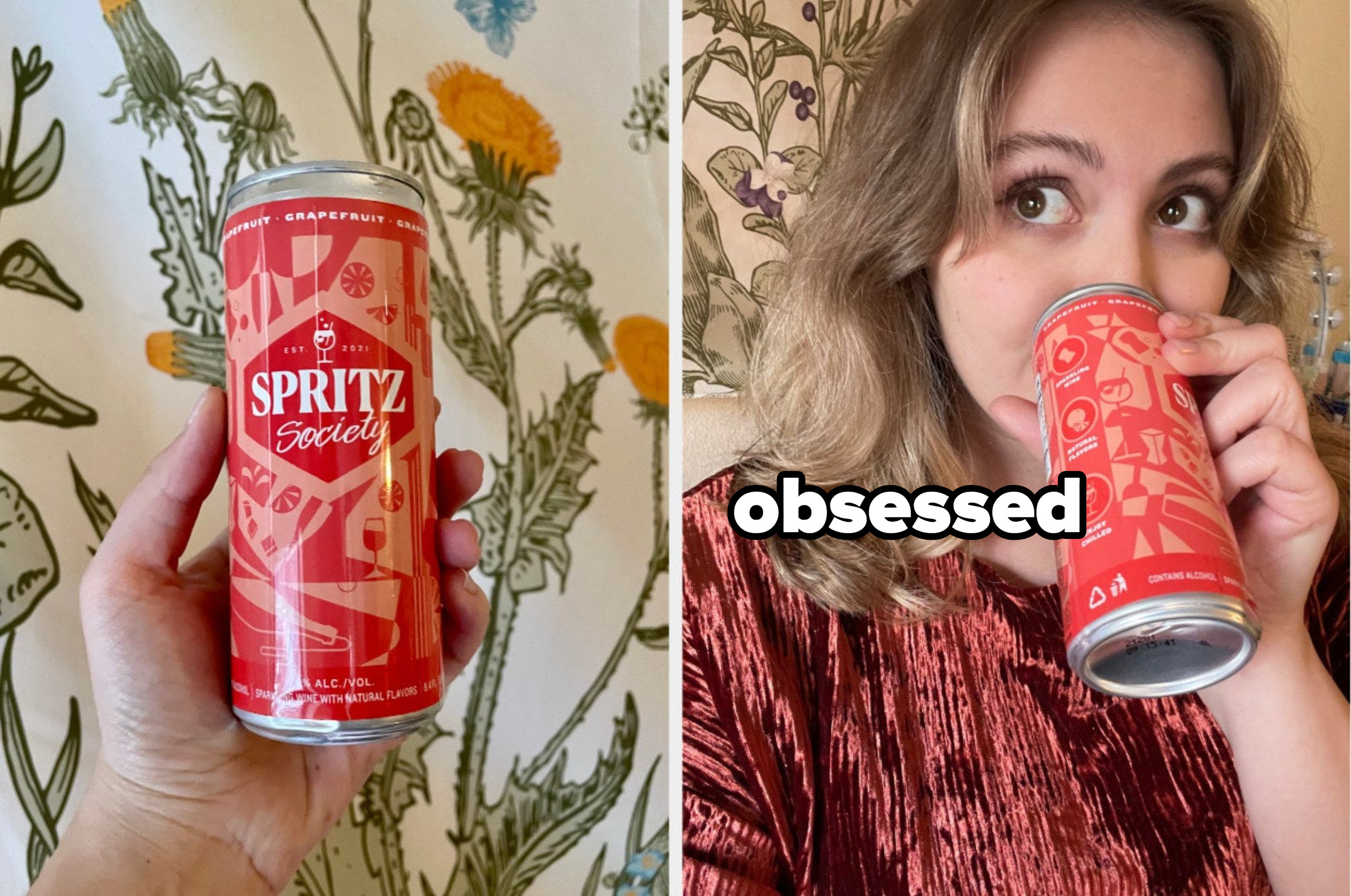 canned cocktail next to a woman sipping it