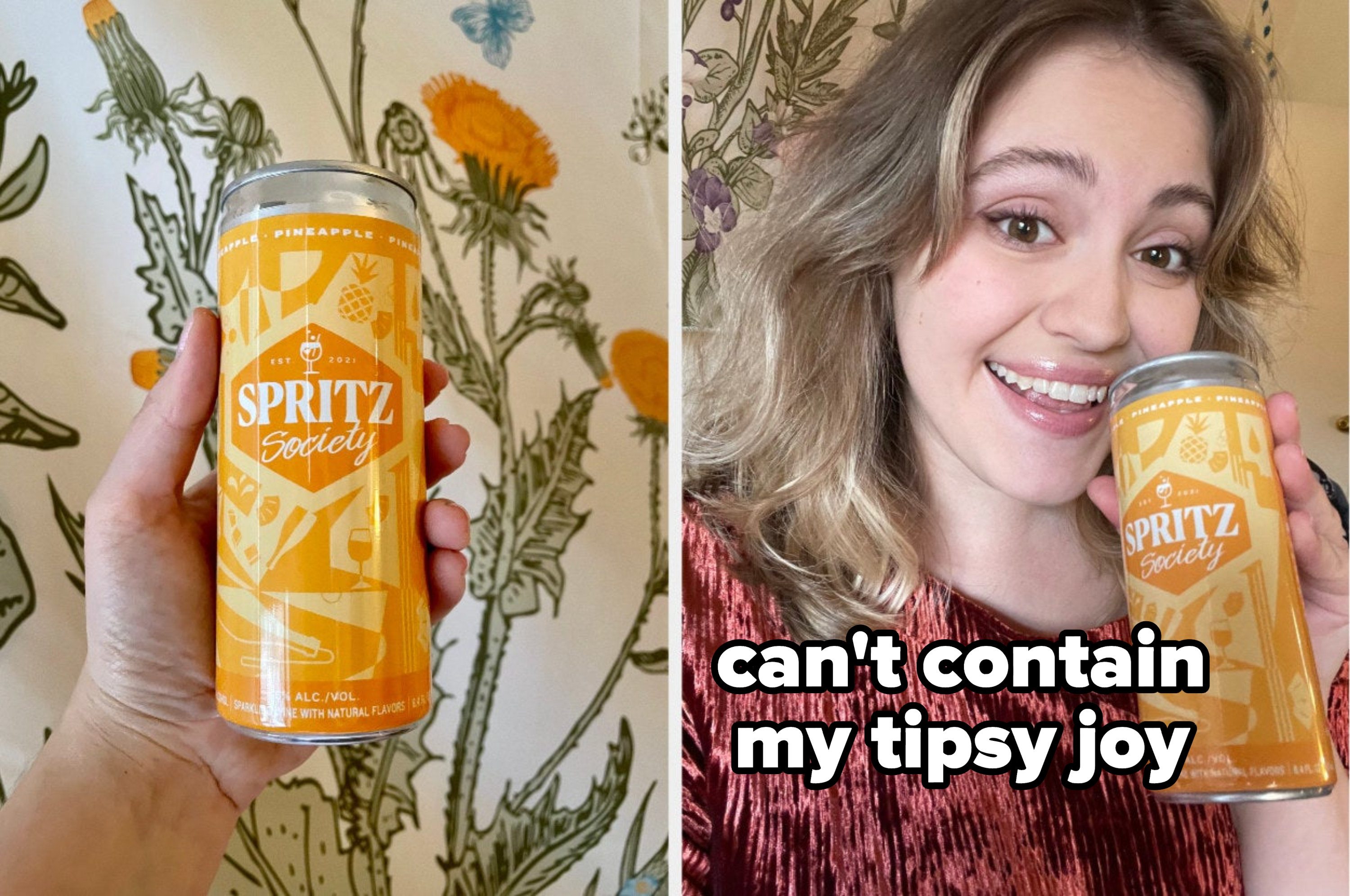 canned cocktail next to a woman holding it and smiling