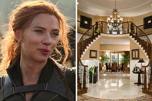 On the left, Black Widow, and on the right, the entryway of a home with marble floors, a double staircase, and a chandelier
