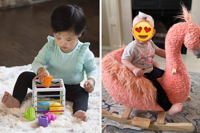 left: lil baby playing with innybox on a carpet. right: reviewer photo with child's face covered by heart eyes emoij on flamingo rocker