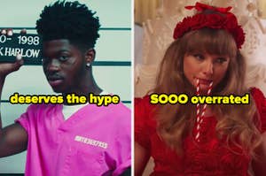 On the left, Lil Nas X in the Industry Baby music video labeled deserves the hype, and on the right, Taylor Swift in the I Bet You Think About Me music video labeled sooo overrated
