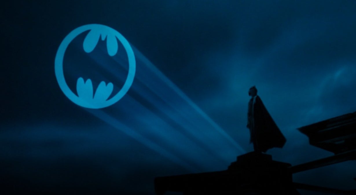 Batman staring up at the Bat-signal in the sky in &quot;Batman&quot;